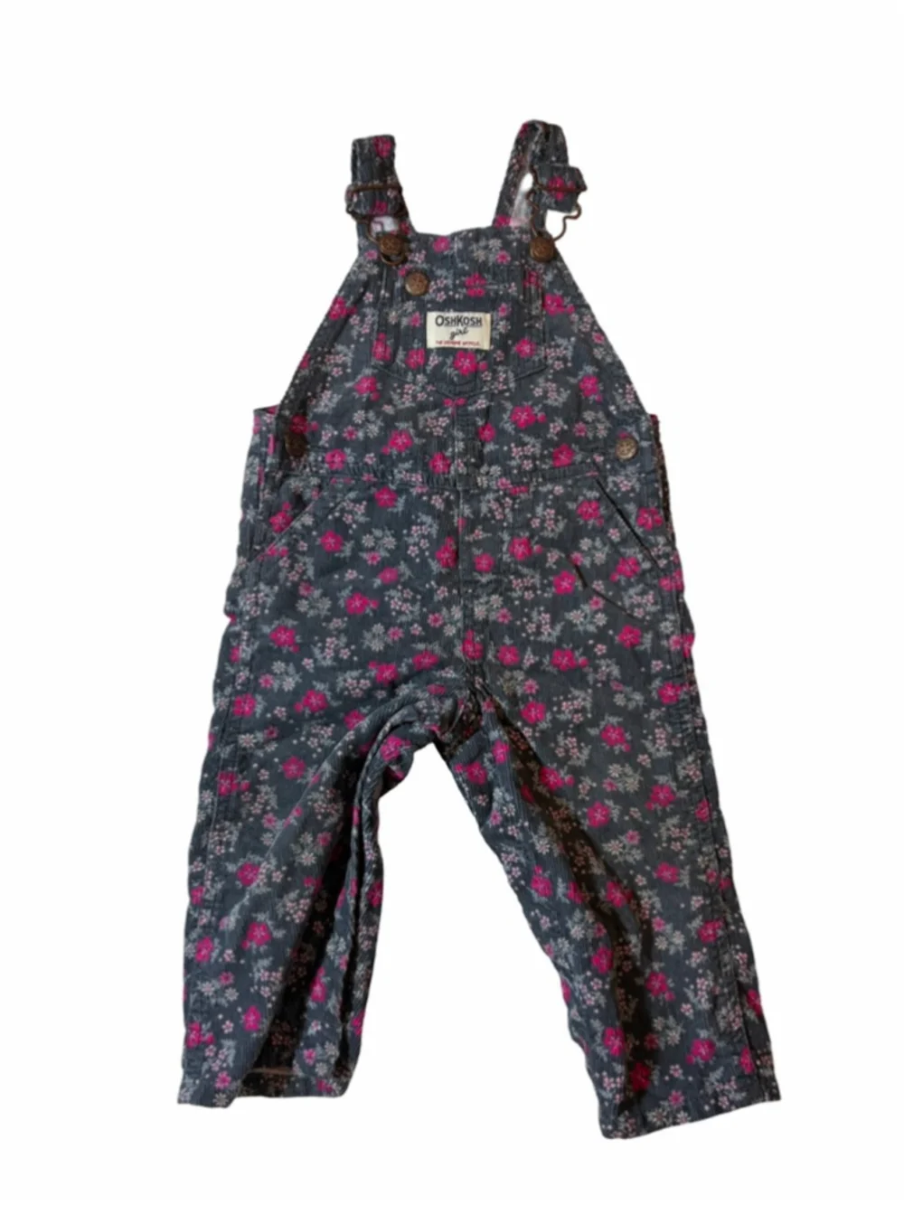 OshKosh B’gosh Vintage Floral Corduroy Overalls Baby Girl 12M Pink Gray
